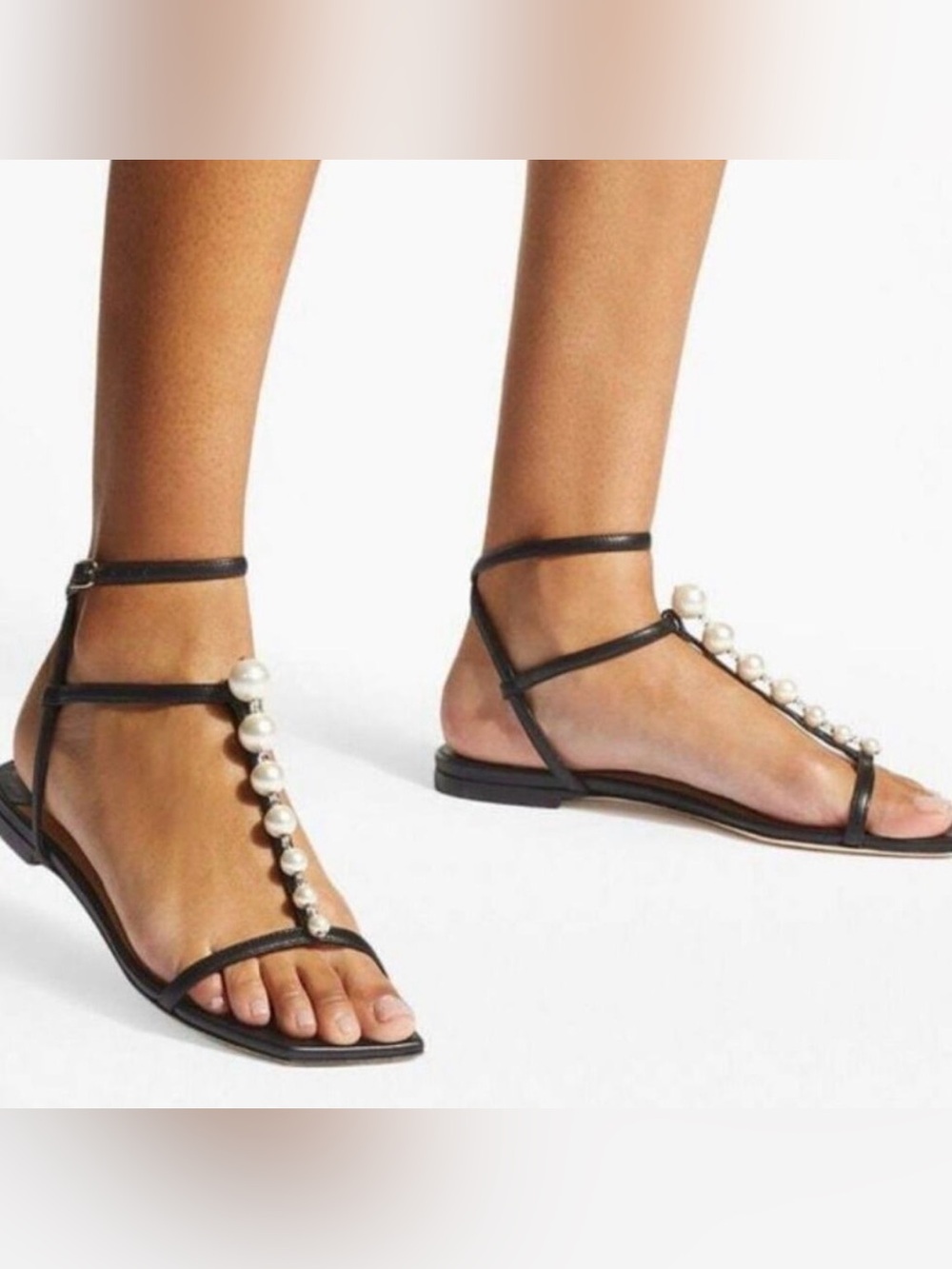 Jimmy Choo Black T-Strap Sandals with Pearl Embellishments
